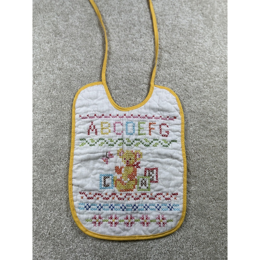 Vintage Hand Embroidered Baby Bib Alphabet Bear Blocks Yellow Trim Nursery Decor